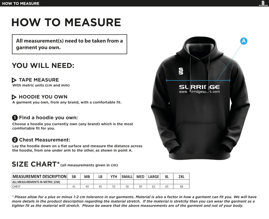 Woodbank Cricket Club - Blade Hoodie - Size Guide