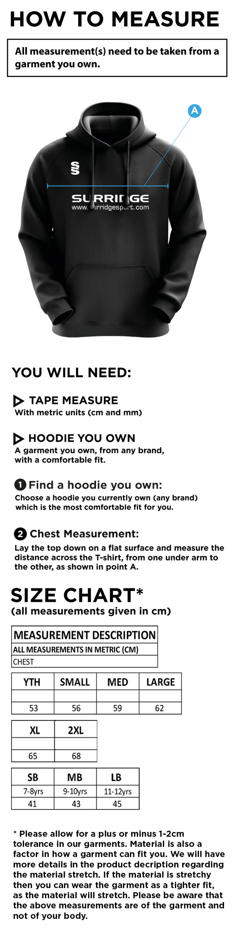 Woodbank Cricket Club - Blade Hoodie - Size Guide