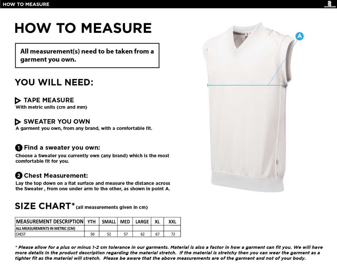 Woodbank Cricket Club - Curve Sleeveless Sweater - Size Guide