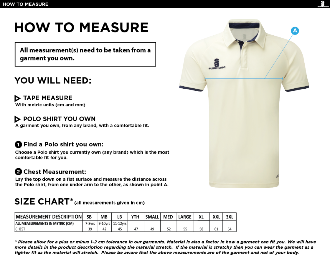 Woodbank Cricket Club - Tek Cricket Shirt - Size Guide