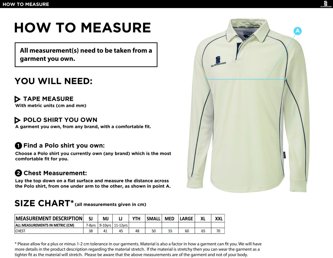 Woodbank Cricket Club - Premier L/S Cricket Shirt - Size Guide