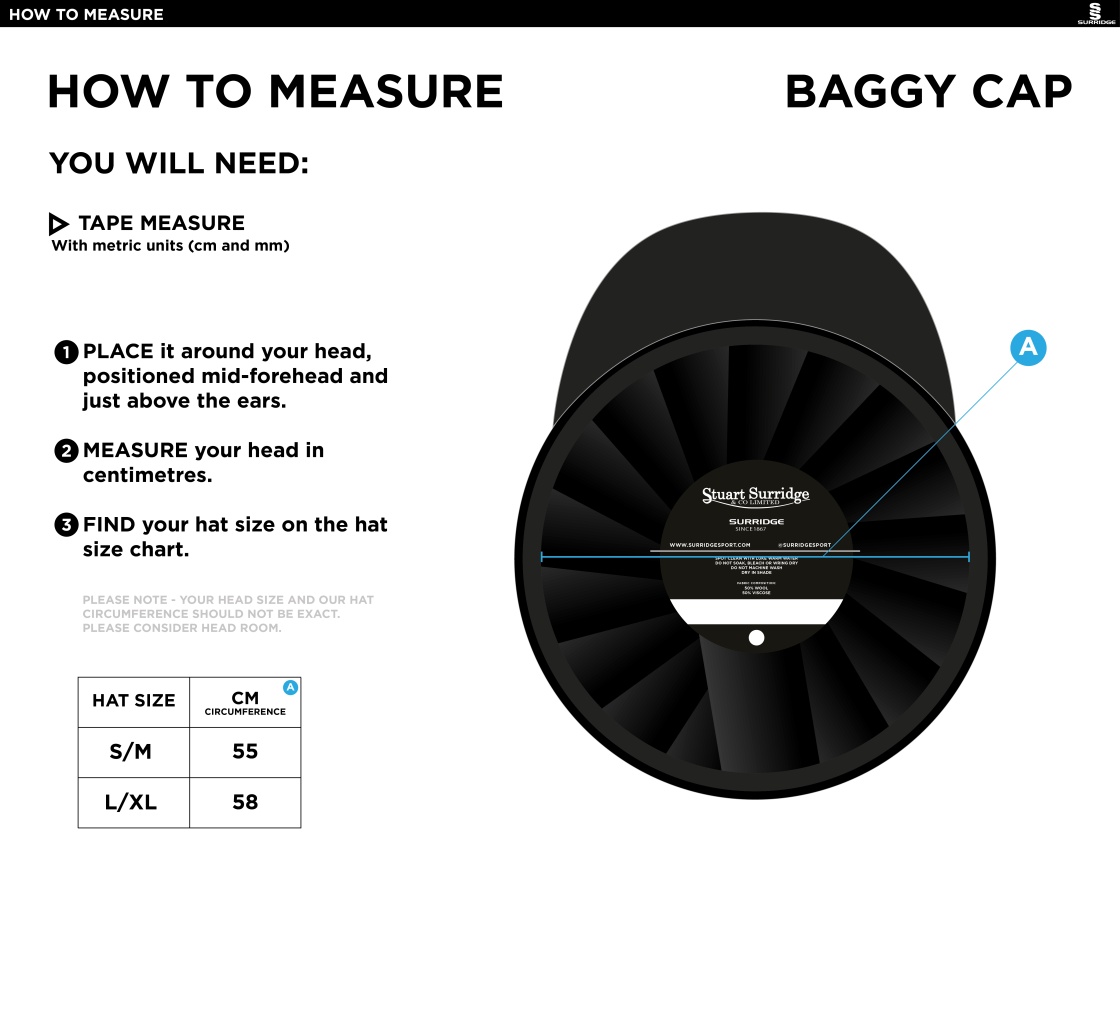 Woodbank Cricket Club - Baggy Cricket Cap - Size Guide