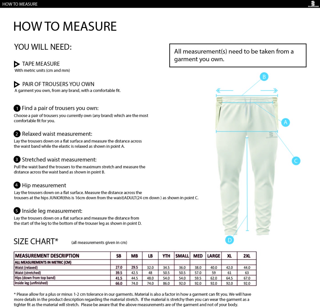 Woodbank Cricket Club - Tek Cricket Pant - Size Guide