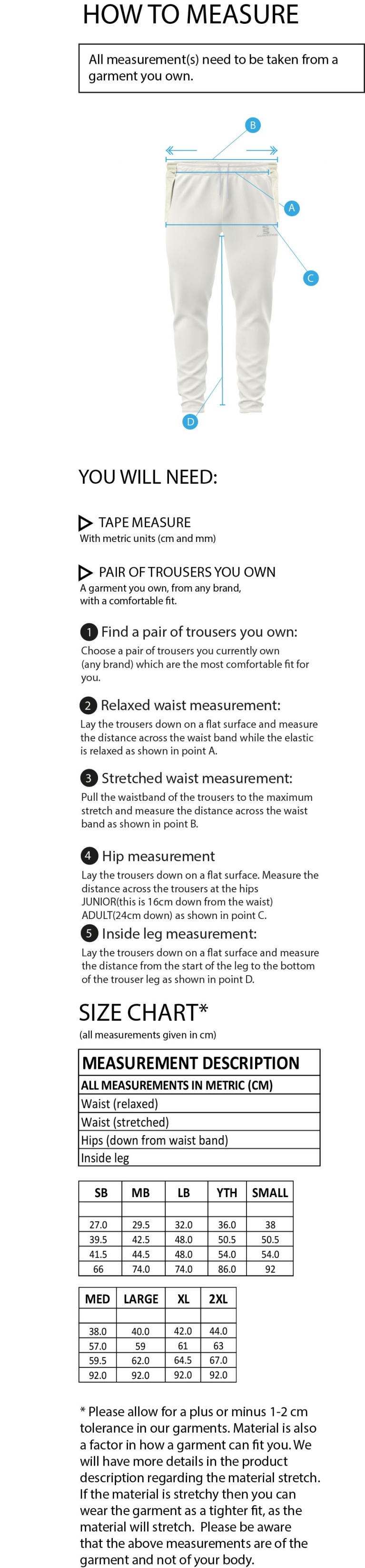 Woodbank Cricket Club - Tek Cricket Pant - Size Guide