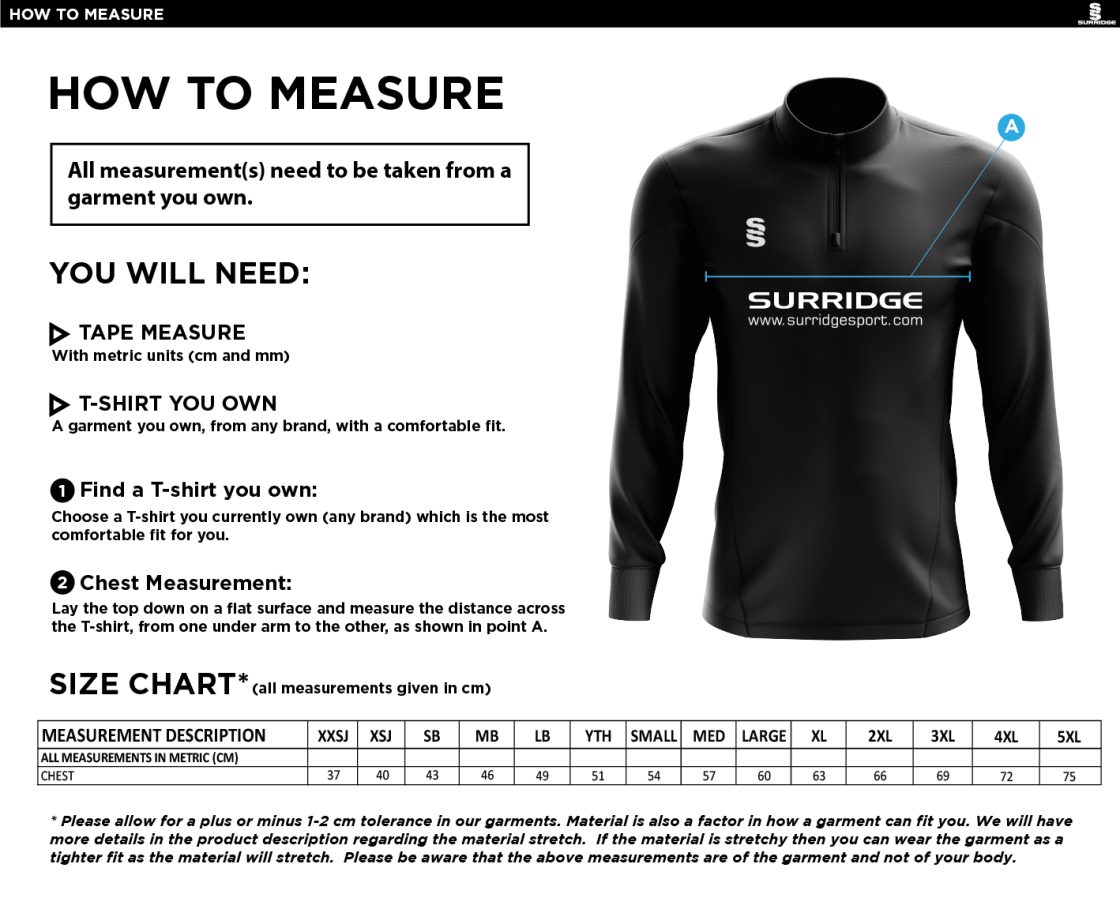 Woodbank Cricket Club - Blade Performance Top - Size Guide